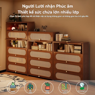 Tủ sách lắp ráp gỗ tre mây tre đan tủ sách nhiều ngăn Kệ sách cửa lật để truyện tranh tài liệu trang trí đồ