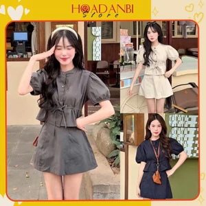 Set đồ nữ, Set áo croptop cổ tròn tay ngắn buộc eo kèm chấn váy chữ A có chun sau Hoadanbistore