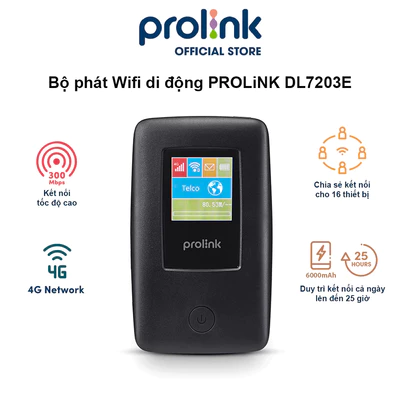 Bộ phát Wifi di động PROLiNK DL7203E, SIM 4G LTE 150Mbps, pin 6000mAH 25h, cổng RJ45, USB 2.0