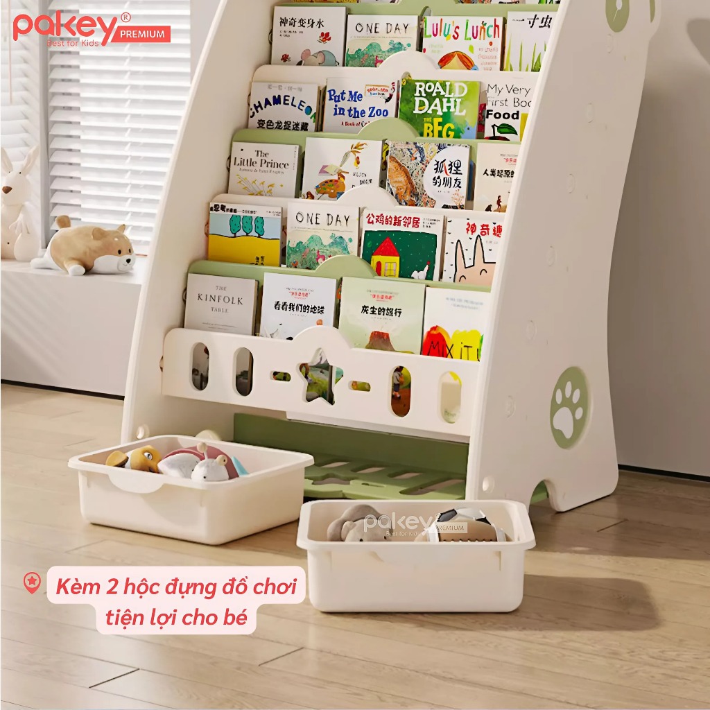 Ảnh Giá Sách 4 Tầng Cho Bé Pakey Hình Gấu Dễ Thương Kèm 2 Hộc Đựng Đồ Chơi Tiện Lợi, Kệ Đựng Sách Nhiều Ngăn 4