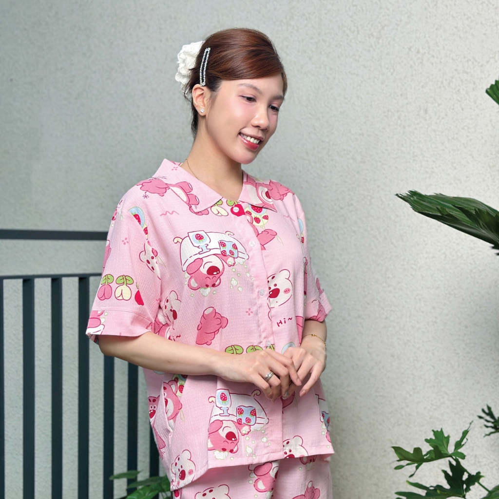 MAYBI Bộ pyjama ngắn suông ngắn tay cotton họa tiết gấu dâu losta
