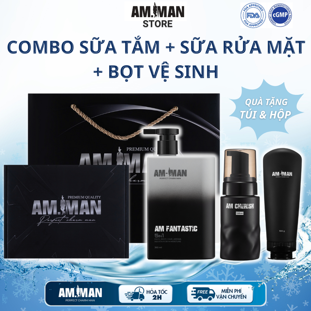 Combo Sữa Tắm Gội Nam 5in1 365ml,Gel Rửa Mặt 100ml & Bọt Vệ Sinh Nam AM MAN 120ml - Kèm Túi Hộp Quà Tặng Sang Trọng