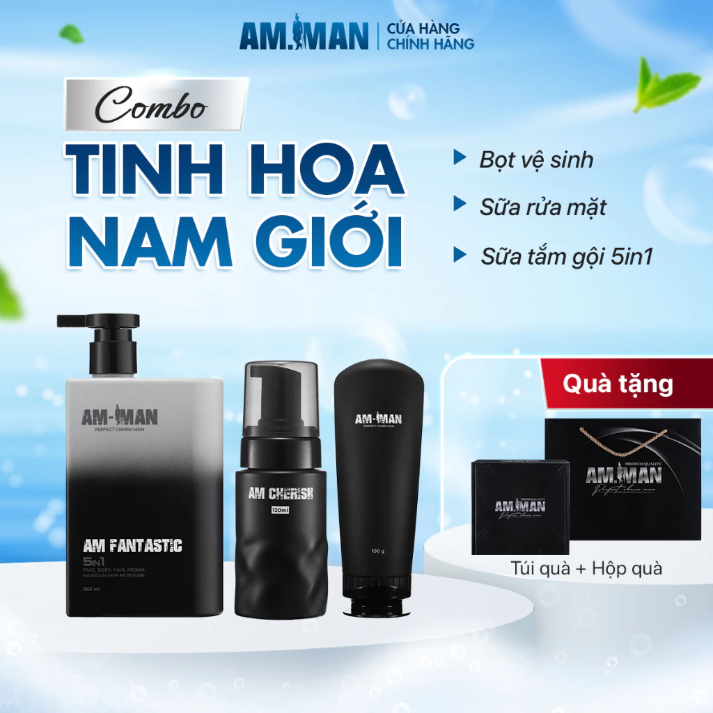 Combo Sữa Tắm Gội Nam 5in1 365ml,Gel Rửa Mặt 100ml & Bọt Vệ Sinh Nam AM MAN 120ml - Kèm Túi Hộp Quà Tặng Sang Trọng