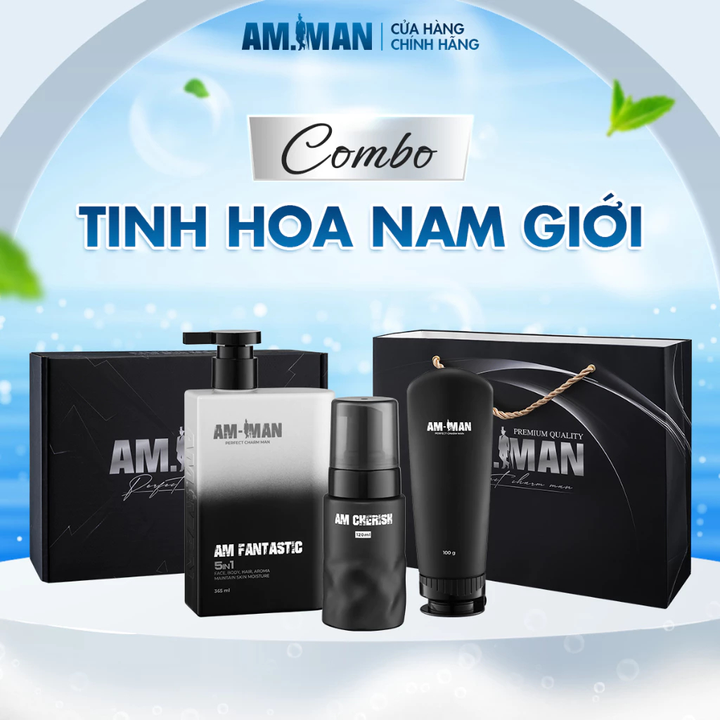 Combo Sữa Tắm Gội Nam 5in1 365ml,Gel Rửa Mặt 100ml & Bọt Vệ Sinh Nam AM MAN 120ml - Kèm Túi Hộp Quà Tặng Sang Trọng