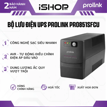 Bộ lưu điện UPS PROLiNK PRO851SFCU (850VA) công suất 480W, tích hợp bộ AVR, sạc siêu nhanh, dùng cho PC, Camera, Wifi