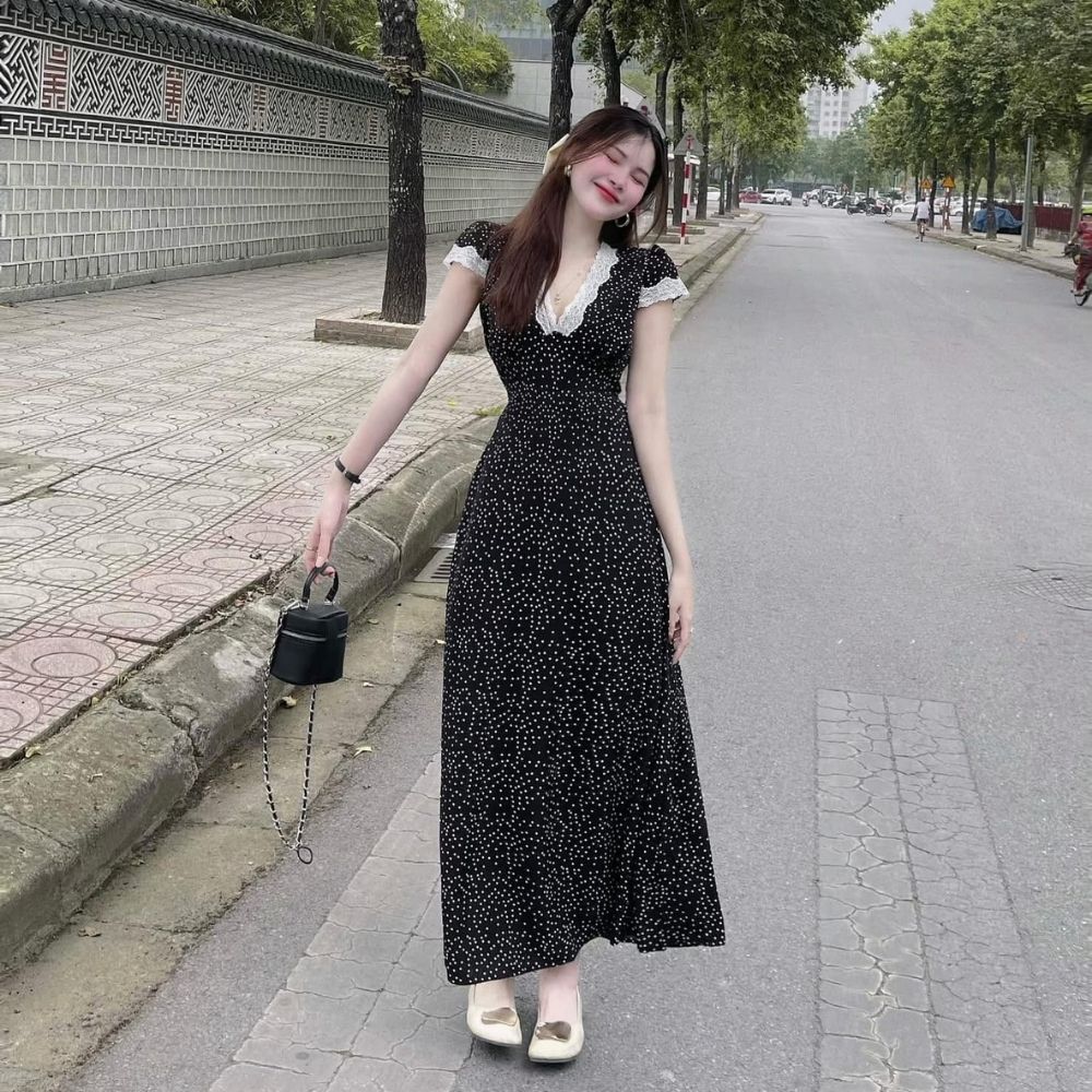 Váy nữ chấm bi dáng dài cổ V viền ren trắng, đầm nữ phong cách tiểu thư dịu dàng HCOM25757