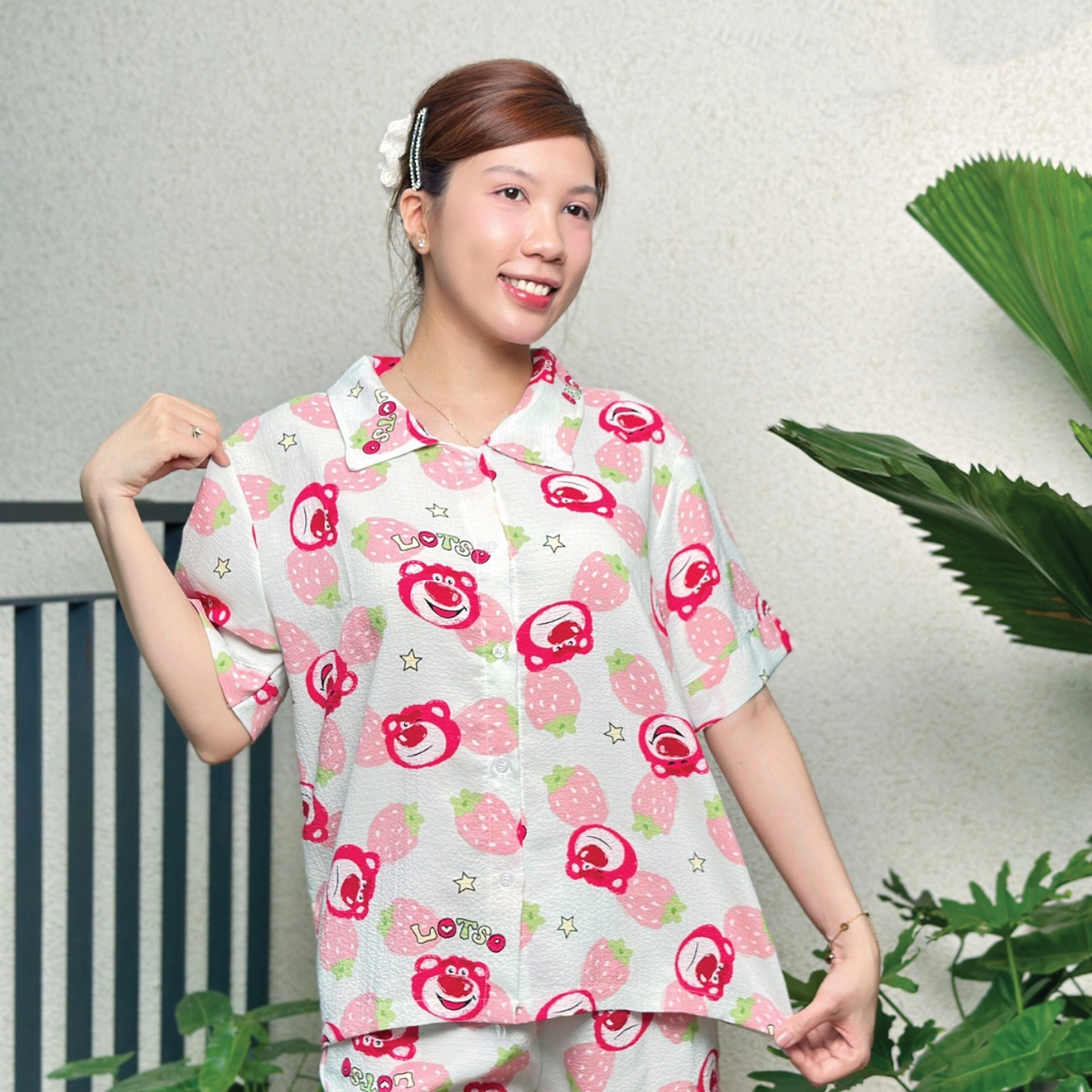 MAYBI Bộ pyjama ngắn suông ngắn tay cotton in hình gấu dâu