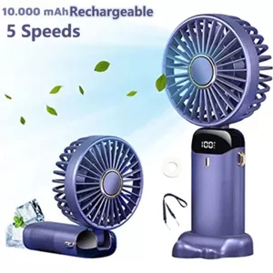 Quạt cầm tay tích điện, Quạt mini 5 tốc độ gió linh hoạt, Có thể gấp gọn, có dây đeo cổ