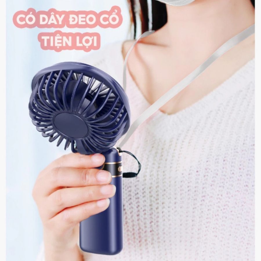 Quạt cầm tay tích điện, Quạt mini 5 tốc độ gió linh hoạt, Có thể gấp gọn, có dây đeo cổ