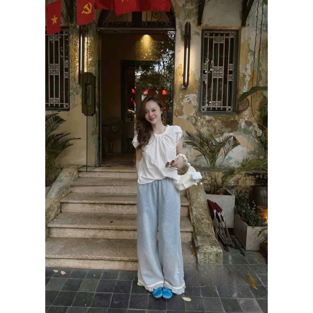 Áo babydoll tay bồng dáng rộng cổ phối bèo siêu xinh TAM A63