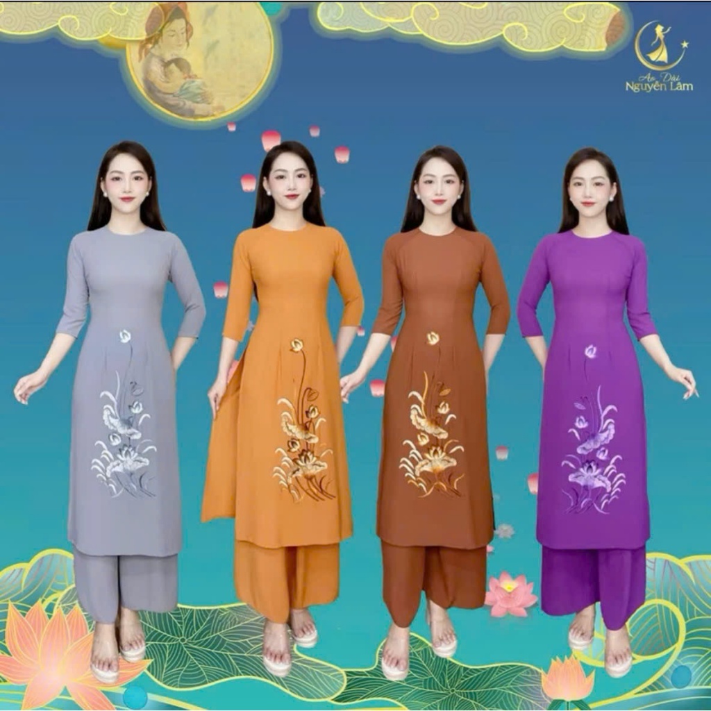 [GIẢM 40K]  Áo Dài Cách Tân Thêu (Tăng size) - Lụa Tằm Ý Cao Cấp 2 Tà, Cổ Tròn Tay Lỡ, 4 Màu - Áo Dài Nguyễn Lâm