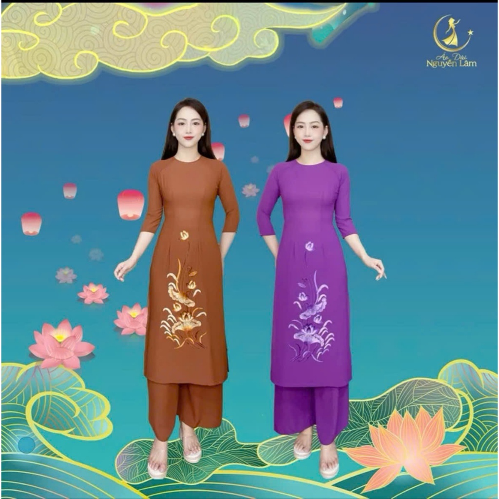 [GIẢM 40K]  Áo Dài Cách Tân Thêu (Tăng size) - Lụa Tằm Ý Cao Cấp 2 Tà, Cổ Tròn Tay Lỡ, 4 Màu - Áo Dài Nguyễn Lâm