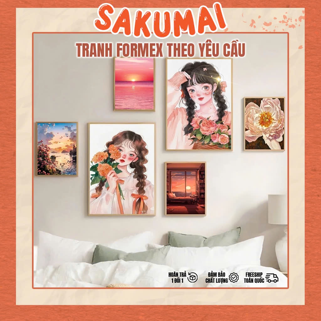 Tranh Dán Tường, Bộ 6 Tranh Formex Dán Tường Decor Trang Trí Phòng Khách, Phòng Ngủ Có Sẵn Keo In Theo Yêu Cầu - SakuMai
