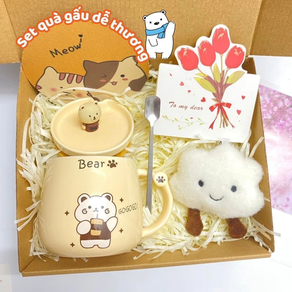 Set quà tặng Cốc Gấu Cao Cấp siêu dễ thương Kèm Gấu, Thiệp, Lót Ly, Phụ Kiện Xinh Quà Tặng Cặp Đôi, Bạn Bè Người Thân