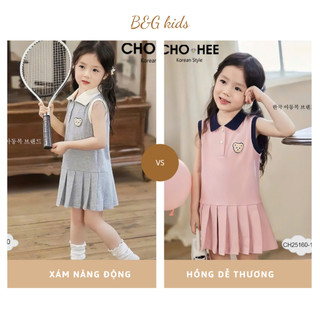 [B&G] Đầm váy CH sát nách cổ polo xếp ly mùa hè xám, hồng cho bé gái từ 2-45kg(2-12 tuổi)