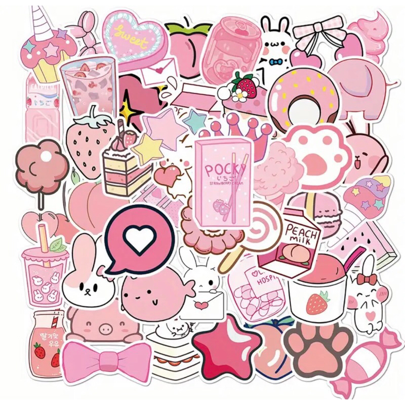 Set 100 sticker các mẫu đồ vật, bánh kẹo màu hồng pastel siêu bánh bèo