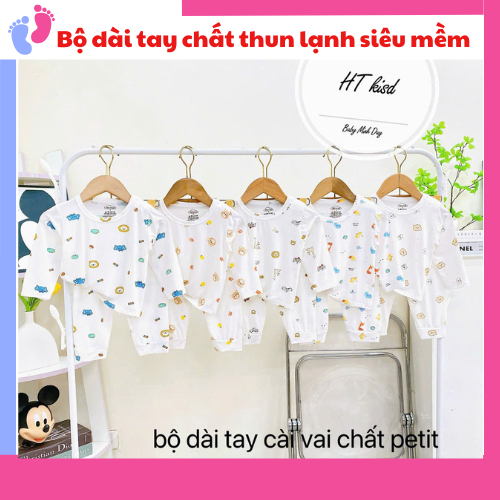Bộ quần áo dài tay thun lạnh nền trắng họa tiết thú đáng yêu cho bé 4-14kg