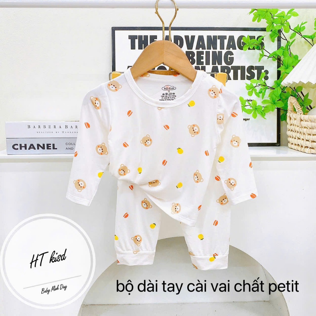 Bộ quần áo dài tay thun lạnh nền trắng họa tiết thú đáng yêu cho bé 4-14kg