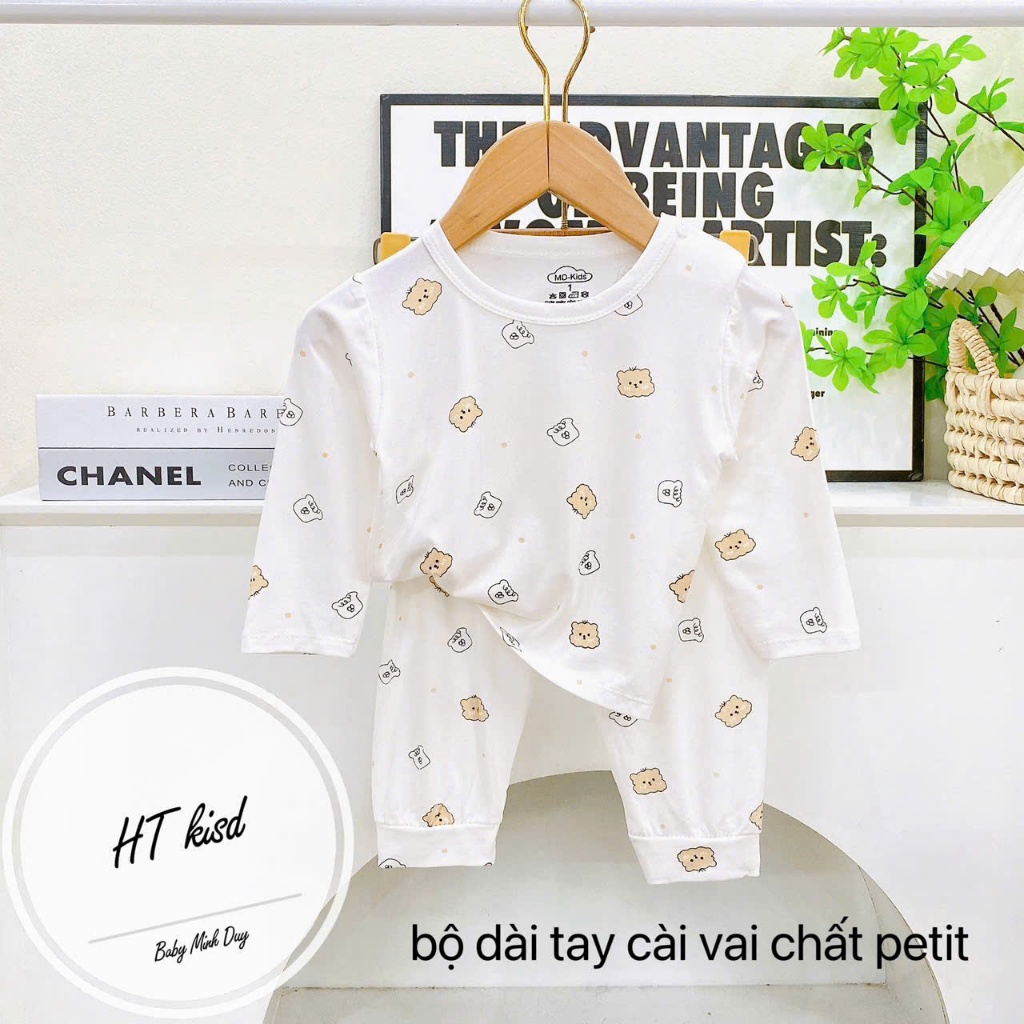Bộ quần áo dài tay thun lạnh nền trắng họa tiết thú đáng yêu cho bé 4-14kg