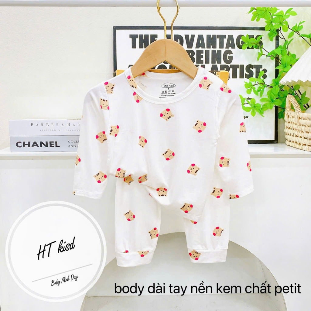 Bộ quần áo dài tay thun lạnh nền trắng họa tiết thú đáng yêu cho bé 4-14kg