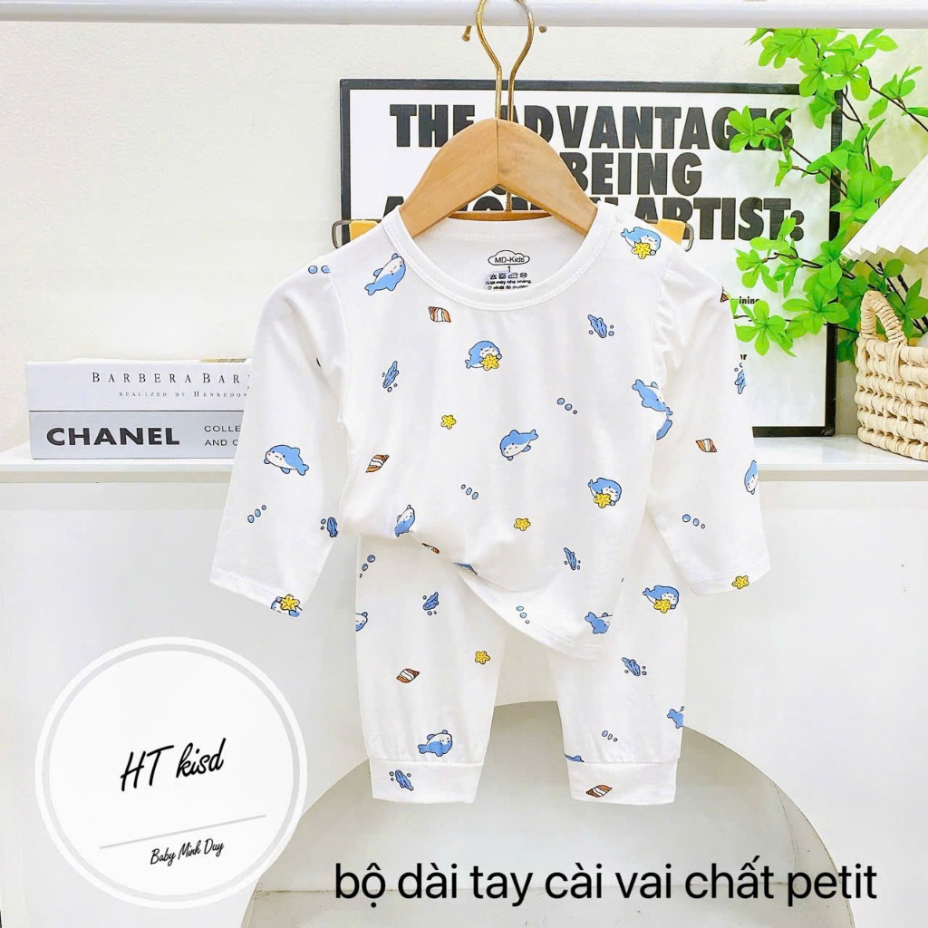 Bộ quần áo dài tay thun lạnh nền trắng họa tiết thú đáng yêu cho bé 4-14kg