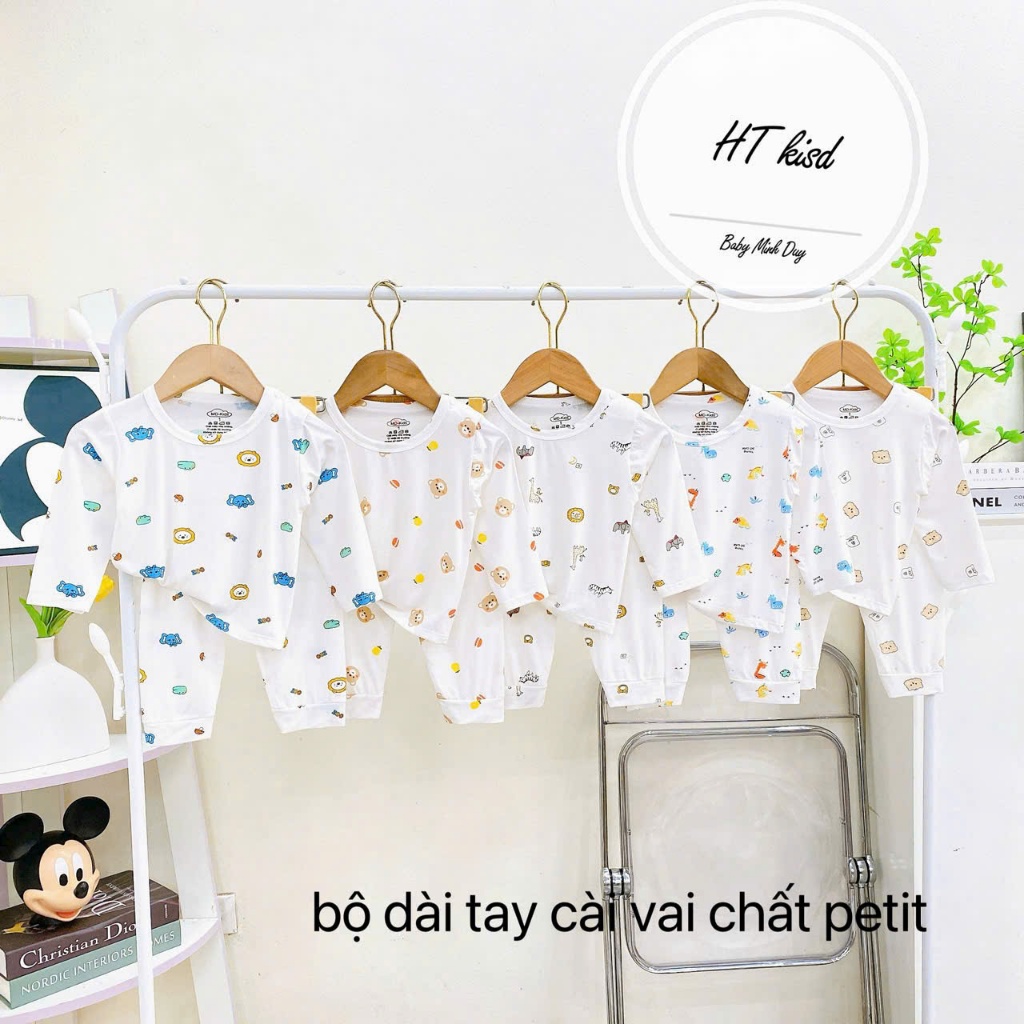 Bộ quần áo dài tay thun lạnh nền trắng họa tiết thú đáng yêu cho bé 4-14kg