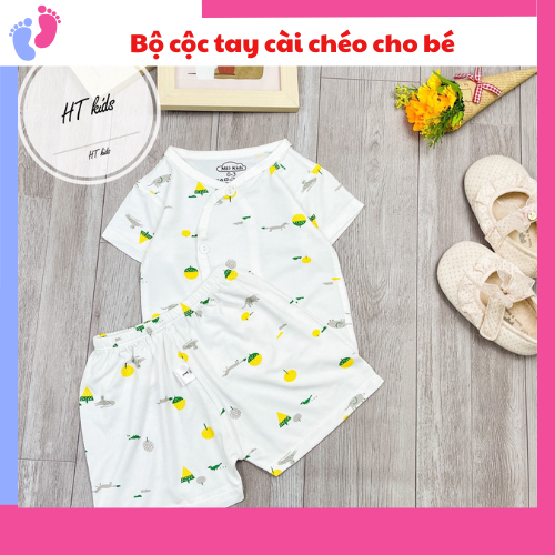 Bộ quần áo CỘC TAY CÀI CHÉO chất thun lạnh họa tiết thú đáng yêu cho bé trai bé gái 3-9kg saubabi