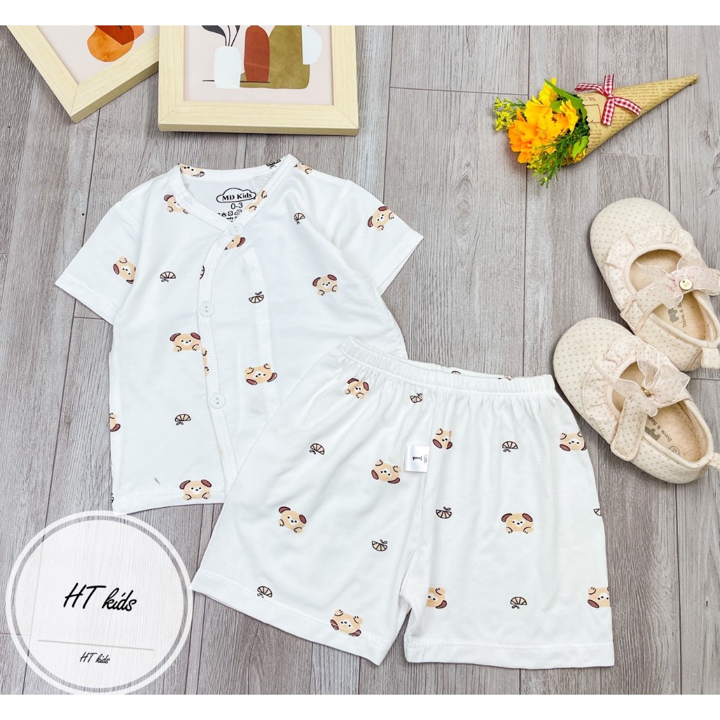 Bộ quần áo CỘC TAY CÀI CHÉO chất thun lạnh họa tiết thú đáng yêu cho bé trai bé gái 3-9kg saubabi