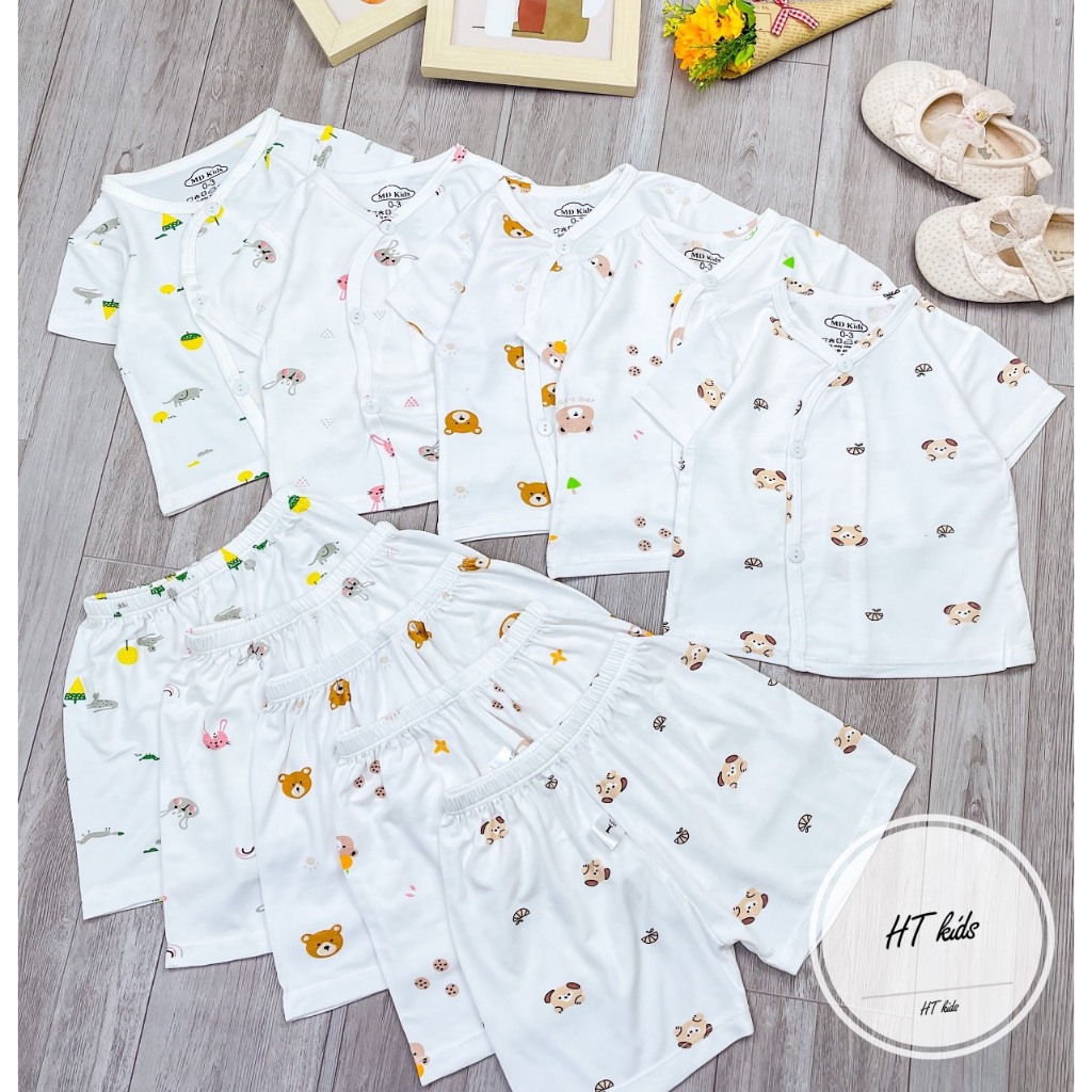 Bộ quần áo CỘC TAY CÀI CHÉO chất thun lạnh họa tiết thú đáng yêu cho bé trai bé gái 3-9kg saubabi