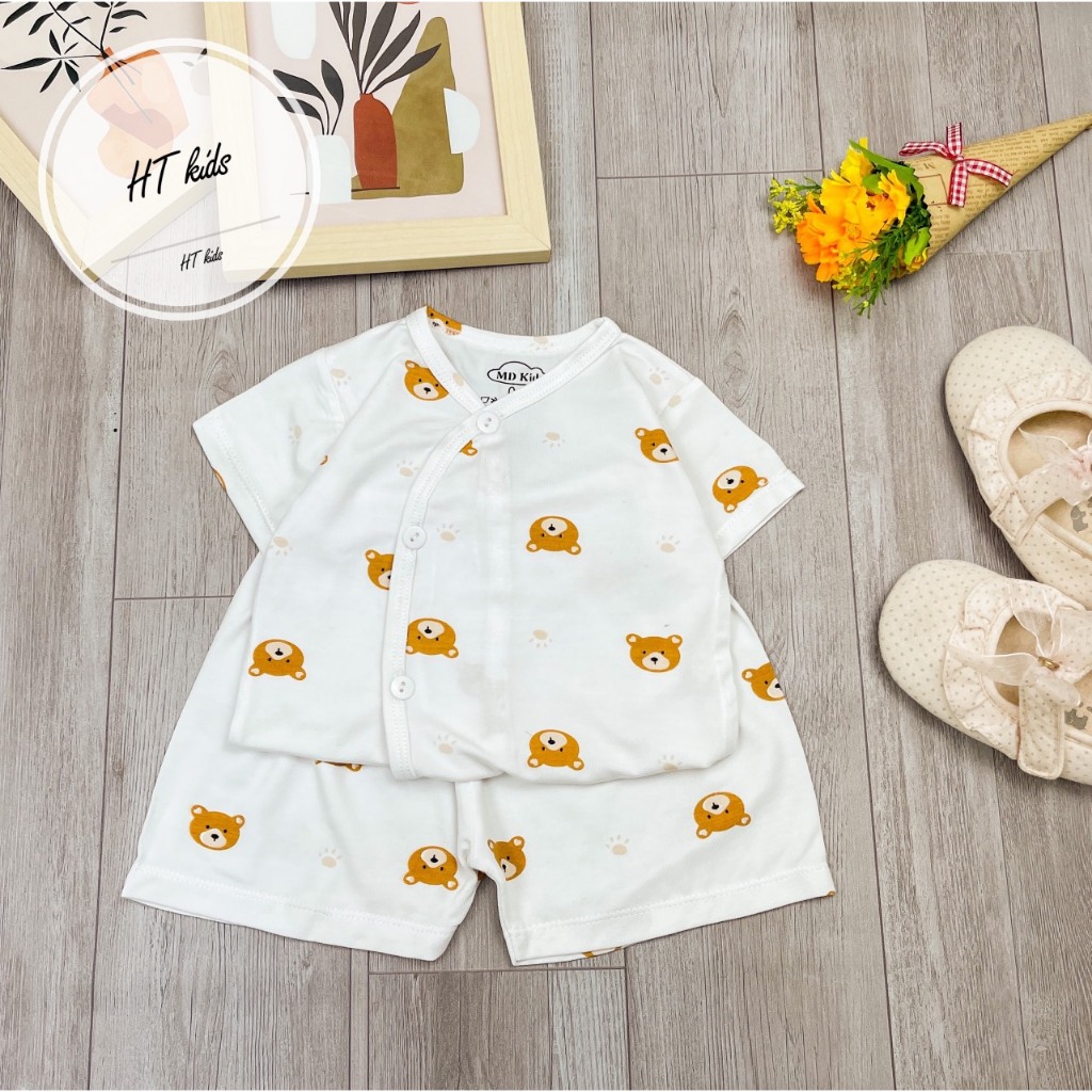 Bộ quần áo CỘC TAY CÀI CHÉO chất thun lạnh họa tiết thú đáng yêu cho bé trai bé gái 3-9kg saubabi