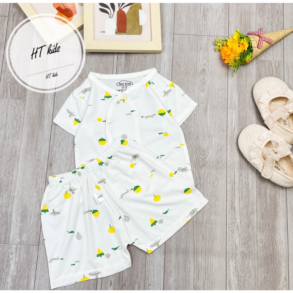 Bộ quần áo CỘC TAY CÀI CHÉO chất thun lạnh họa tiết thú đáng yêu cho bé trai bé gái 3-9kg saubabi