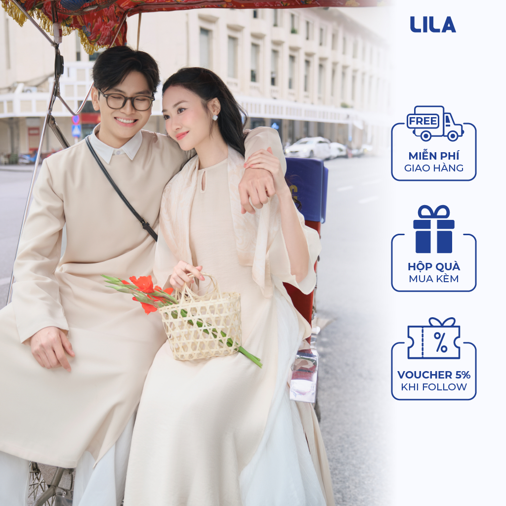 Set áo dài cách tân nam nữ màu be LILA áo dài nữ chất đũi kèm chân váy dáng suông