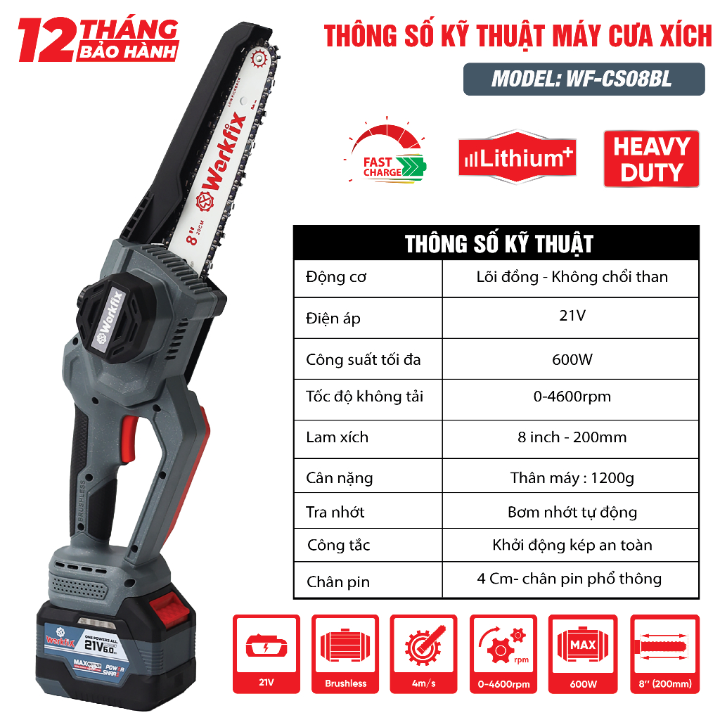 [KÈM PHỤ KIỆN] Máy Cưa Xích Workfix WF-CS0801BL Không Chổi Than, 100% Lõi Đồng, Chính Hãng Chuyên Cưa, Cắt Gỗ