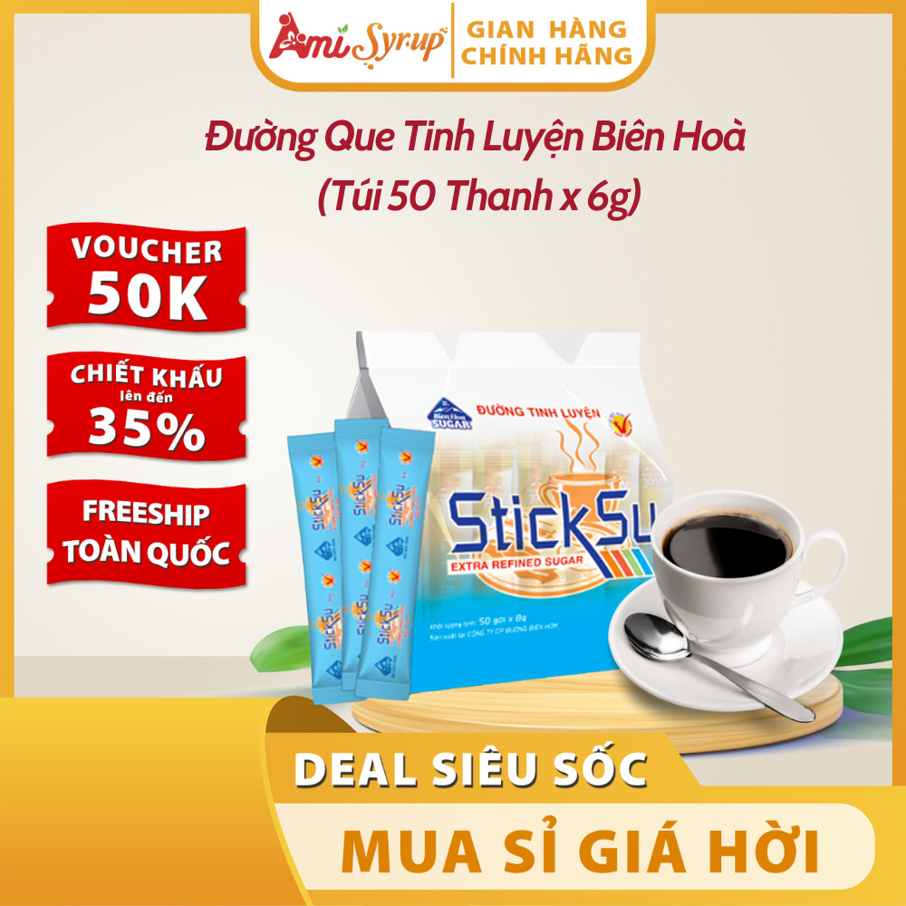 Đường Que Tinh Luyện Biên Hoà (Túi 50 Thanh x 6g) - Đường que dùng pha trà, cafe tiện lợi