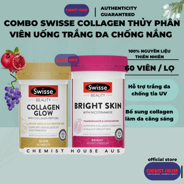 Combo Collagen thủy phân + viên uống trắng da chống nắng Swisse Úc Swisse Collagen Glow peptides + Swisse Bright Skin