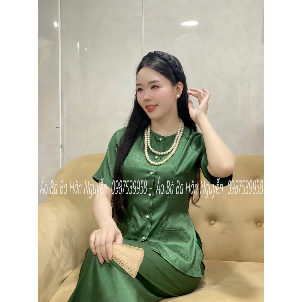 Hân Nguyễn Áo Bà Ba - B.A145 - Bộ Áo Bà Ba  Tay Ngắn Gấm Vân Xước ( QUẦN GẤM XƯỚC ) Cổ Tròn Nút Bọc Cài Nút