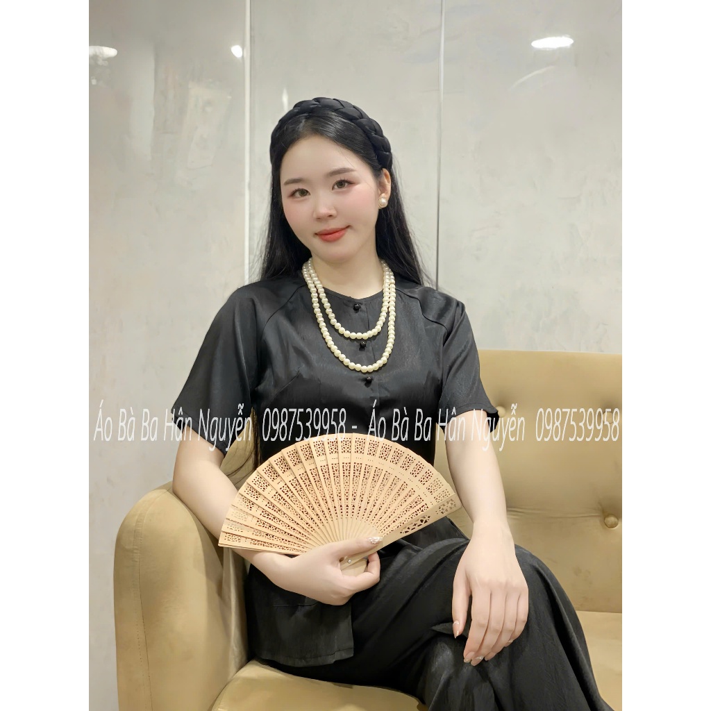 Hân Nguyễn Áo Bà Ba - B.A145 - Bộ Áo Bà Ba  Tay Ngắn Gấm Vân Xước ( QUẦN GẤM XƯỚC ) Cổ Tròn Nút Bọc Cài Nút