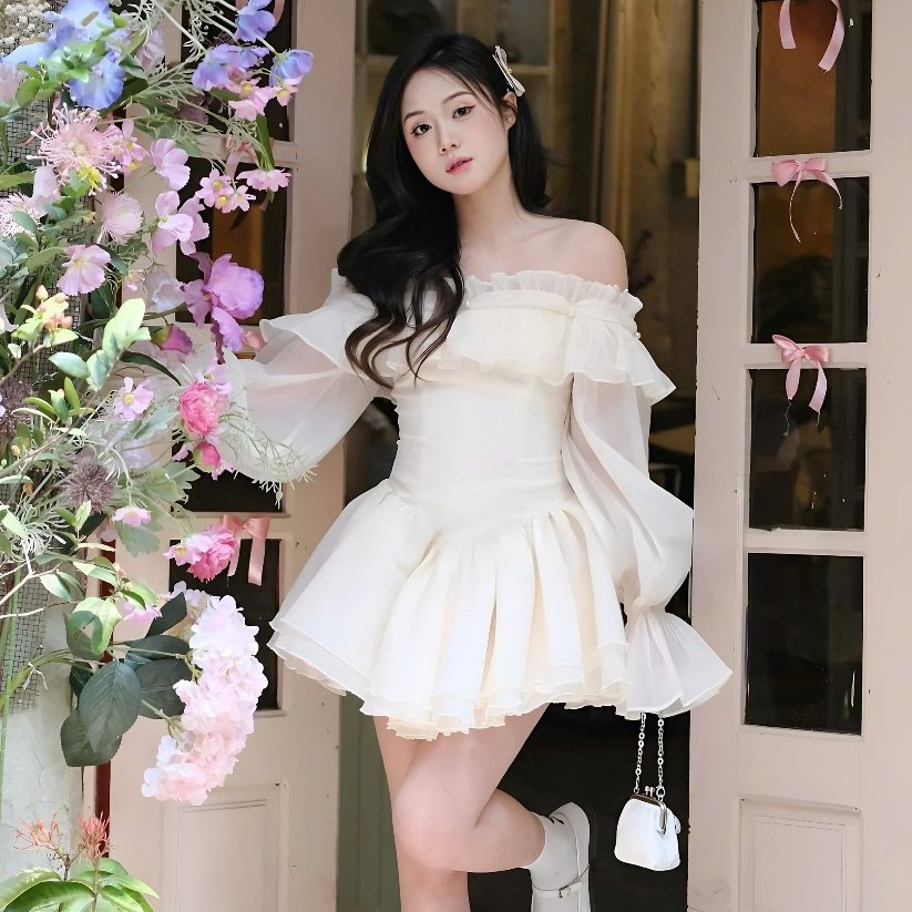 [TẶNG QUẦN/ SẴN] Váy Công Chúa Trễ Vai Tay Bồng Dáng Xòe Tiểu Thư – Đầm Body Hở Vai Sang Chảnh Đi Tiệc