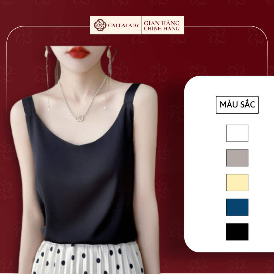 Áo hai dây lụa Callalady vintage lụa ngọc trai cao cấp hàn quốc mặc trong áo blazer cổ tim không nhăn sexy quyến rũ