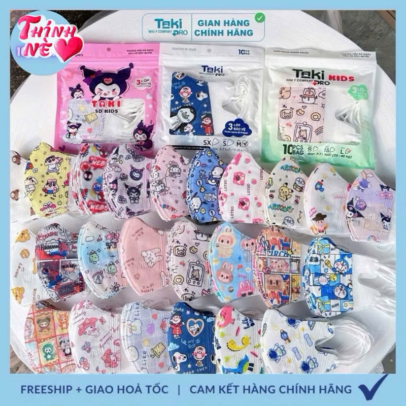 Khẩu trang cho bé 5d Trẻ Em Taki vải lụa mềm mịn có đầy đủ 3 size từ 0-9 tuổi