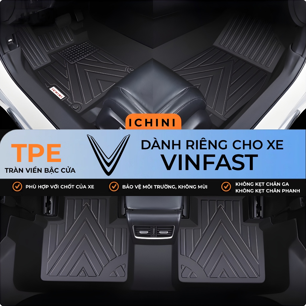 Thảm lót sàn Limo Green, VF3, VF5, VF6, VF7, VF8, VF9 tràn viền bậc cửa TPE, bao trọn thành xe ICHINI