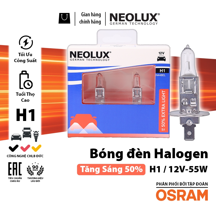 Combo 2 Bóng Đèn Halogen Tăng Sáng 50% OSRAM NEOLUX H1 12V 55W N448EL