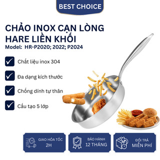 Chảo inox cạn lòng Hare 5 lớp liền khối chống dính tự thân, đa dạng kích thước, bảo hành 12 tháng