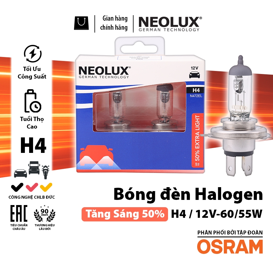 Combo 2 Bóng Đèn Halogen Tăng Sáng 50% OSRAM NEOLUX H4 12V 60/55W N472EL