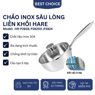 Chảo inox 5 lớp liền khối Hare HR P2818 chống sính tự thân, tay cầm cách nhiệt, bảo hành 12 tháng