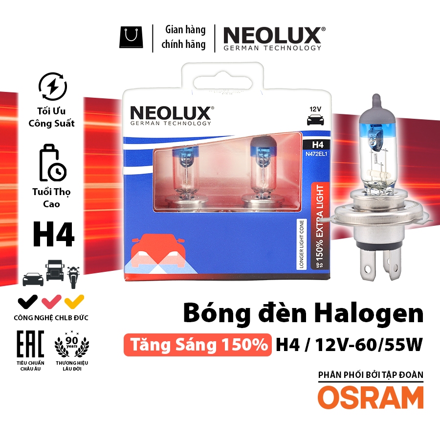 Combo 2 Bóng Đèn Halogen Tăng Sáng 150% OSRAM NEOLUX H4 12V 60/55W N472EL1