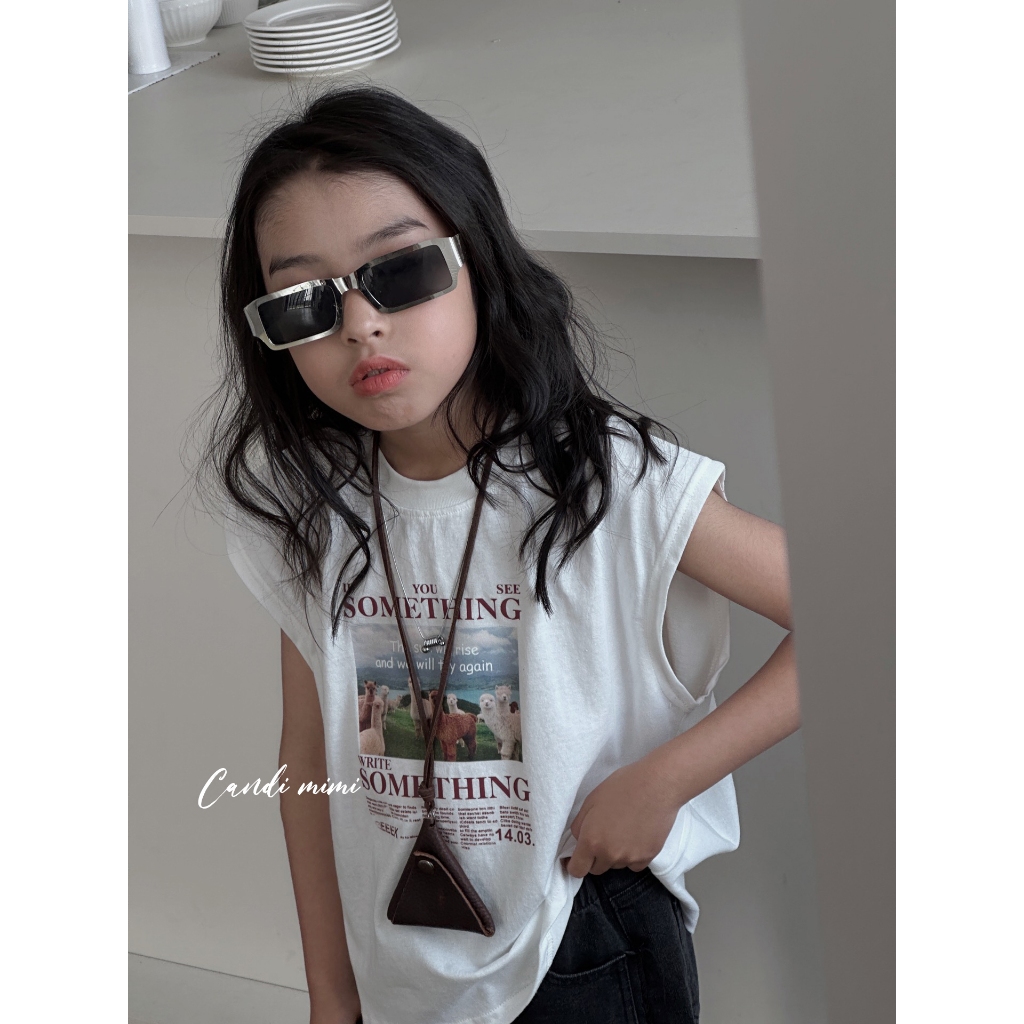 CANDI MIMI Áo phông cotton sát nách chữ Something - Phong cách Hàn Quốc