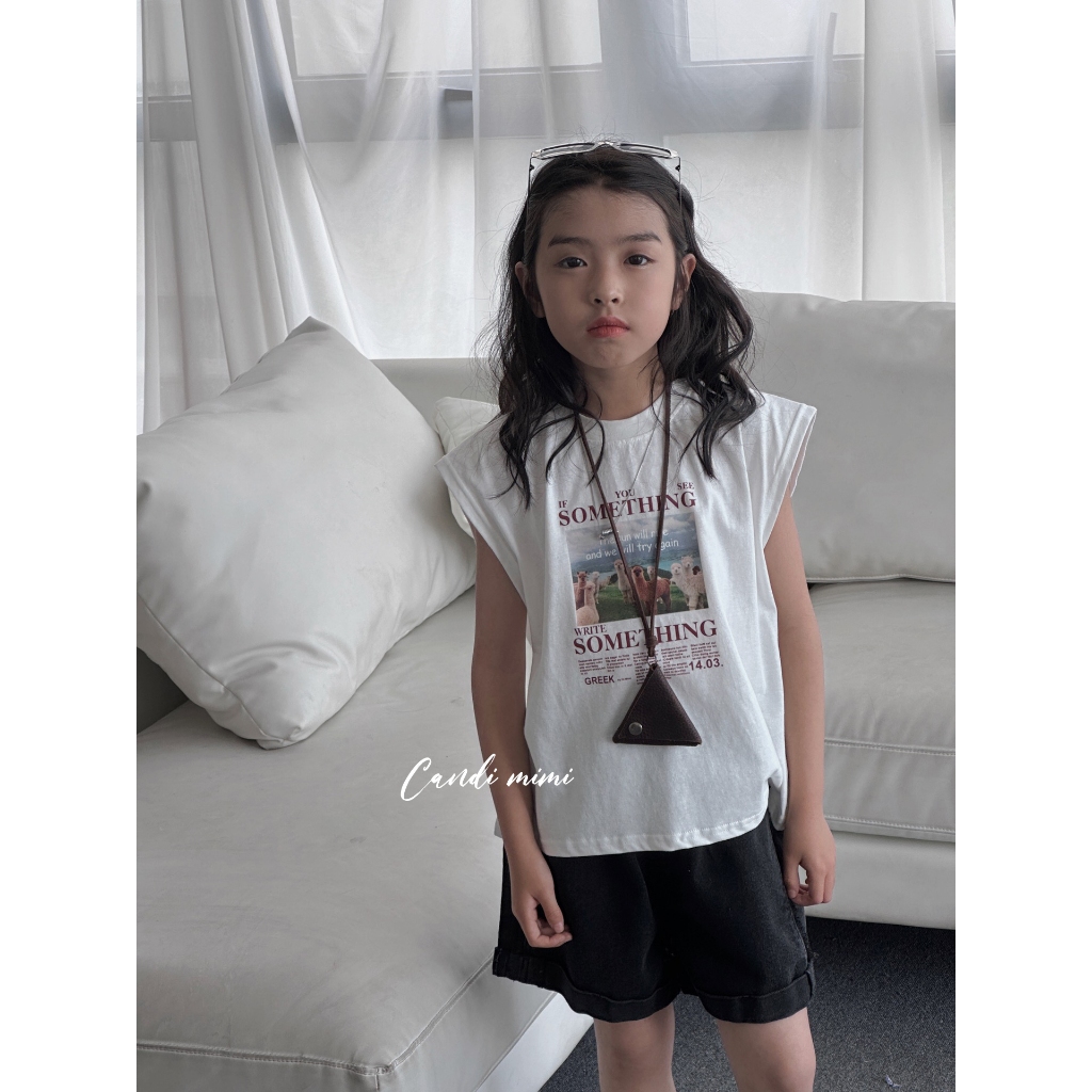 CANDI MIMI Áo phông cotton sát nách chữ Something - Phong cách Hàn Quốc