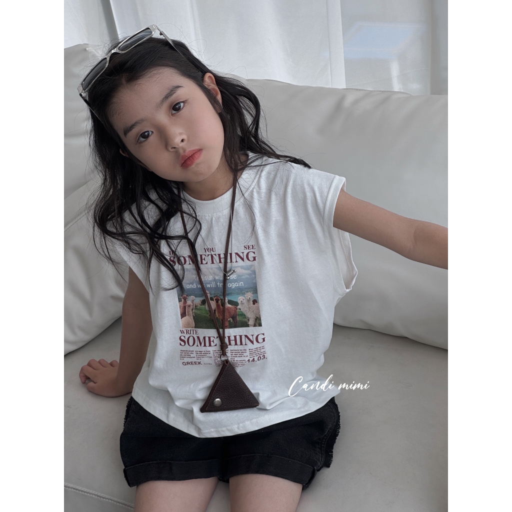 CANDI MIMI Áo phông cotton sát nách chữ Something - Phong cách Hàn Quốc