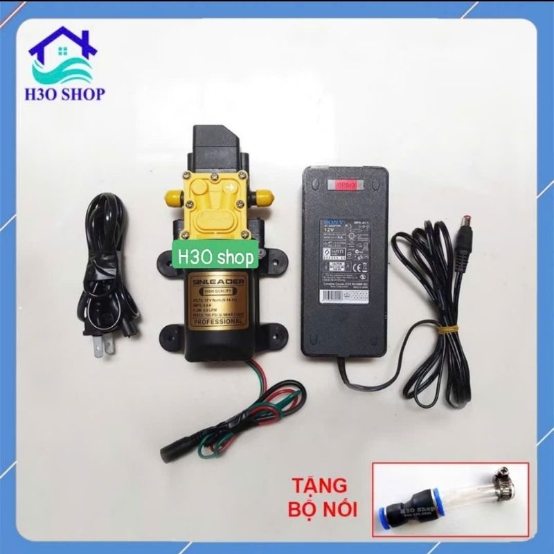 Máy Bơm Tăng Áp 12V SINLEADER Kèm Nguồn 12V/5A - Lưu Lượng 5L/phút Làm Bộ Rửa Xe, Phun Sương, Tưới Cây, Tưới Lan...
